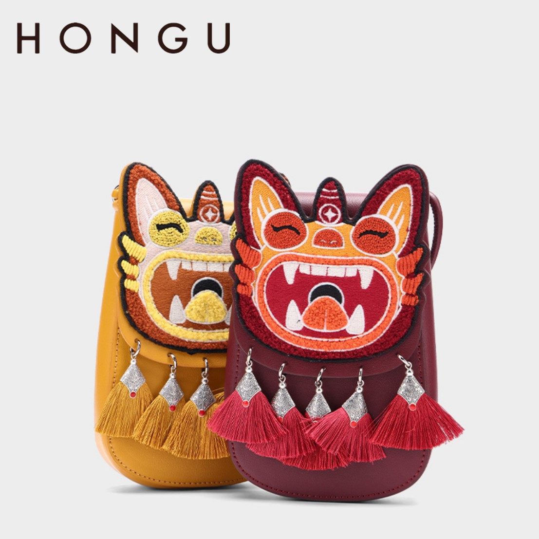 红谷2026新款瓦猫纳福手机包女流苏卡通小挎包竖款小背包民族风