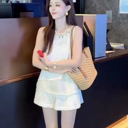 镂空无袖背心上衣短裤时尚蕾丝套装女2026夏季新款气质两件套