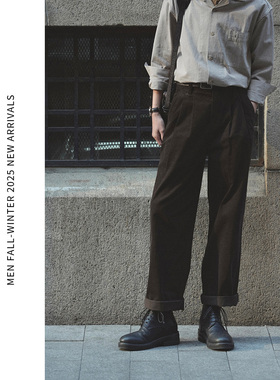 ELI【南柚】春季纯棉复古双褶休闲通勤灯芯绒直筒垂款宽松长裤男