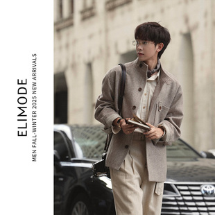 ELI 哈灵顿绵羊毛混纺人字纹老钱立领休闲夹克外套秋 达西庄园