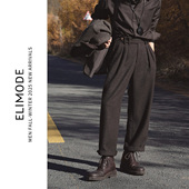 黑褐双纱色纺羊毛亲肤保暖直筒双褶休闲毛呢西裤 ELI 卡线公路