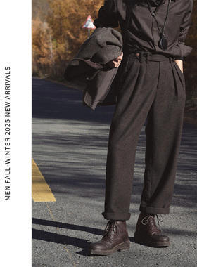 ELI【卡线公路】黑褐双纱色纺羊毛亲肤保暖直筒双褶休闲毛呢西裤