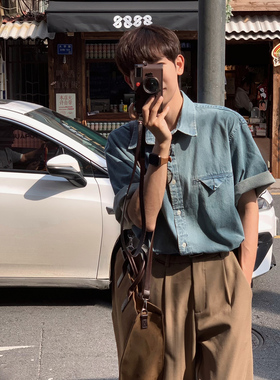 ELI【樾川】夏季透气纯棉抗皱短袖宽松休闲衬衣简约水洗牛仔衬衫