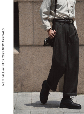 ELI【教父】羊毛混纺带半里衬廓形休闲毛呢条纹西裤直筒长裤秋冬