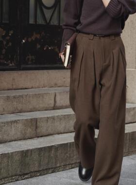 ELI【卑尔根手记】复古微阔直筒多褶松弛感毛呢休闲冬款羊毛西裤