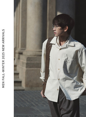 ELI【白禾】亚麻混纺古巴领长袖衬衫春夏老钱风白色休闲衬衣