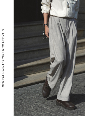 ELI【沐风】可机洗多褶花纱老钱风透气折边设计休闲西裤长裤春夏