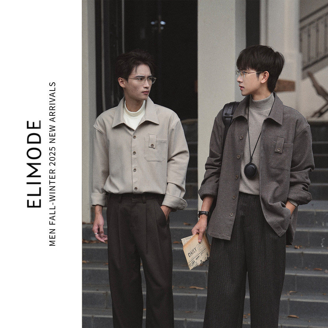 ELI【七折专享】海鸥领秋冬重磅复古抗皱羊毛混纺长袖衬衫外套