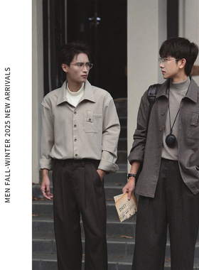 ELI【七折专享】海鸥领秋冬重磅复古抗皱羊毛混纺长袖衬衫外套