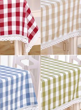 蓝色格子桌布小方格时尚蕾丝清新纯棉餐桌布长方形台布文艺茶几布