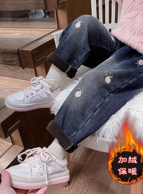 女童洋气宽松加绒一体绒休闲牛仔裤宝宝外穿加厚裤子儿童冬装韩版