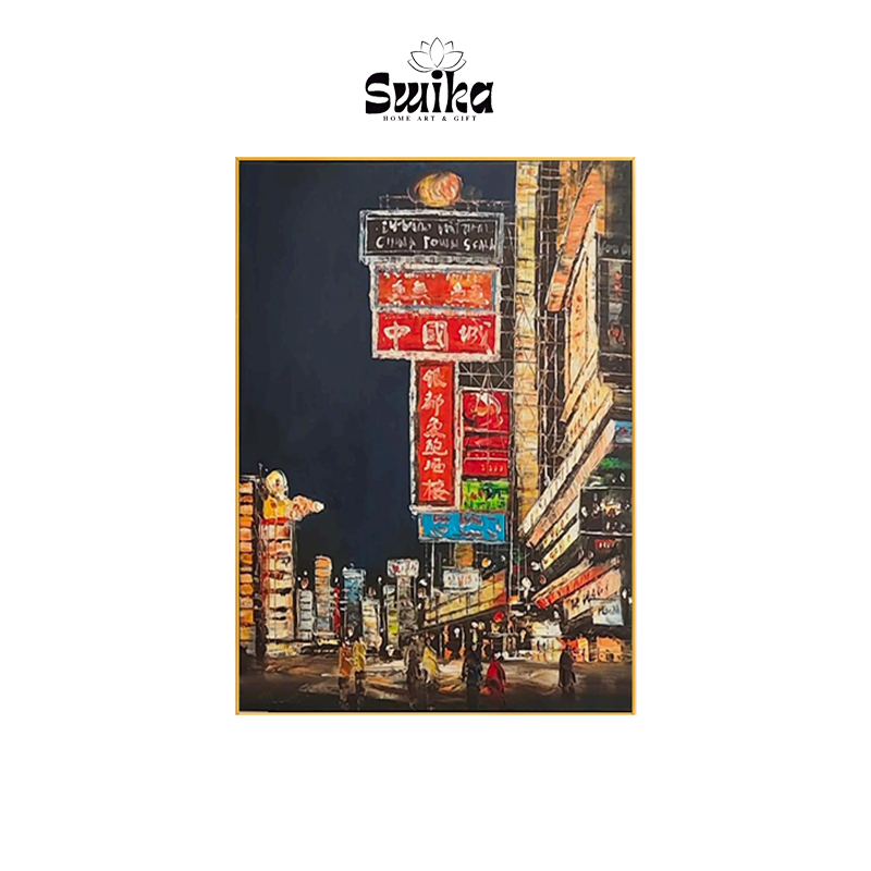 泰国曼谷中国城夜景 手绘油画