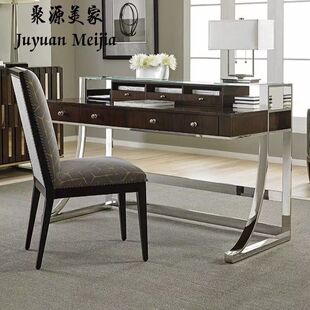 美式现代轻奢简约实木电脑桌小户型书房金属不锈钢玻璃书桌定制