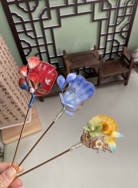 【轻罗小扇】掐丝绒花小扇子发簪红黄蓝色系旗袍汉服古风发簪头饰