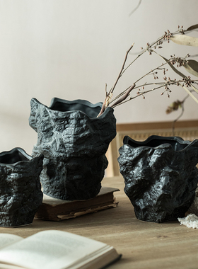 侘寂风陶瓷花盆盆景多肉异形装饰自然不规则创意外贸黑色艺术摆件