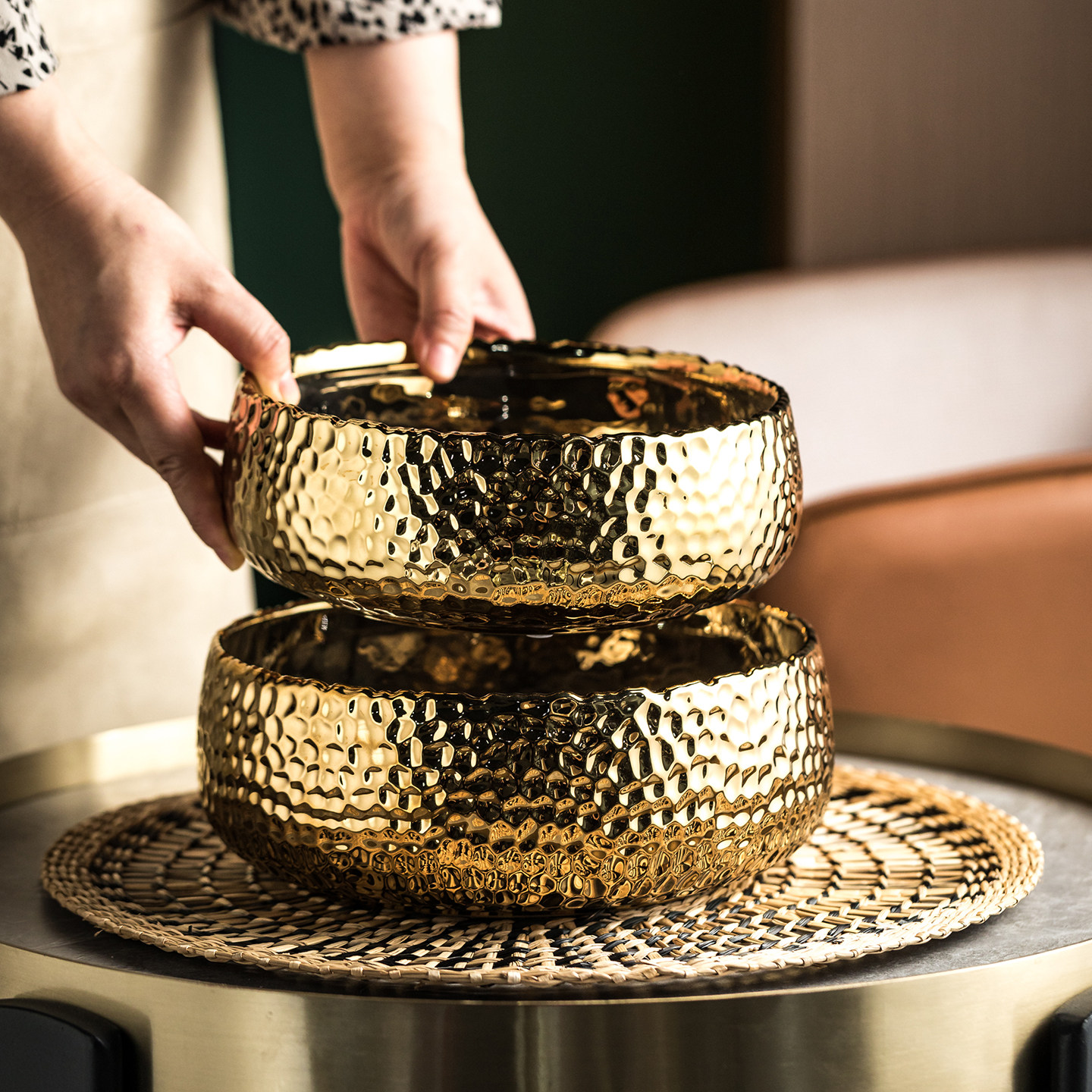 轻奢高级感茶洗缸陶瓷金色客厅餐桌前台水果糖果碗大号工艺品摆件