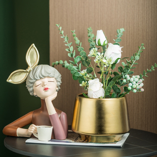 外贸金色陶瓷花瓶矮款大口径摆件客厅高级感轻奢插花花桶水培花盆