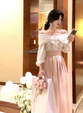 大“贝微微”重工刺绣蝴蝶结法式吊带一字肩上衣芭蕾绑带裙秋Eees