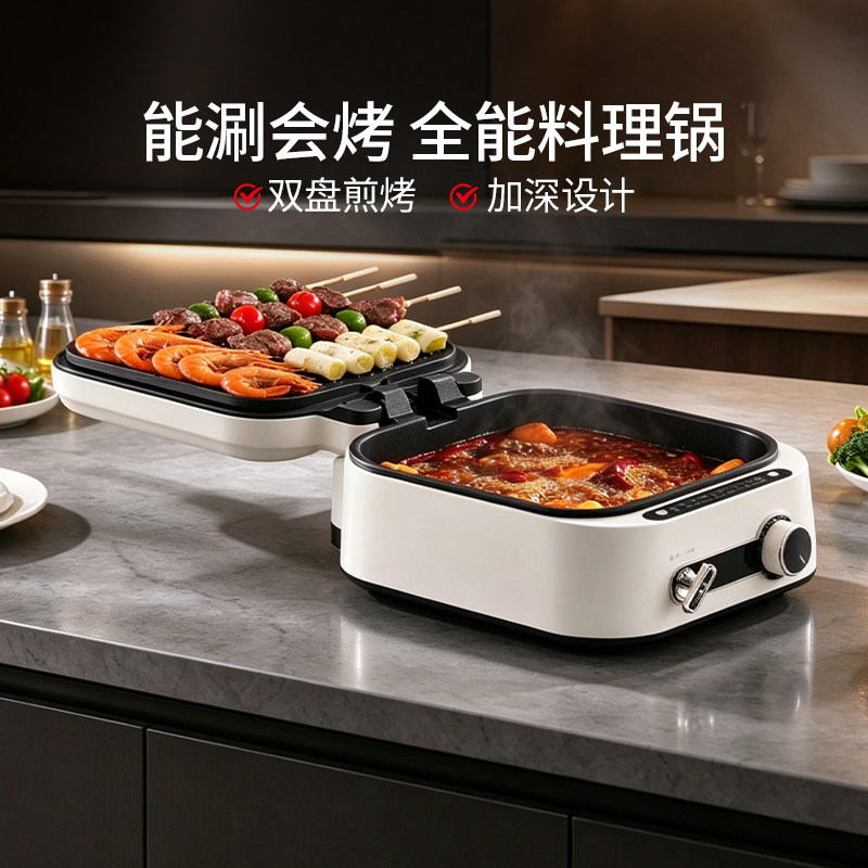 【新品】德世朗蒸煮炒煎一体锅家用电火锅煎锅烤肉锅多功能料理锅