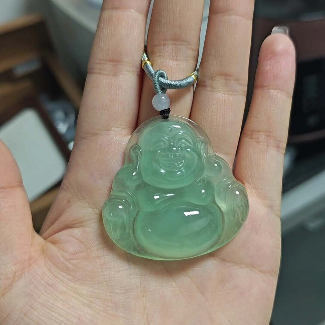 天然岫玉佛公吊坠天青冻大佛公冰蓝绿项链毛衣链水润冰底玉石玉坠
