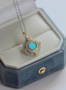 天然松石圆牌银吊坠s925纯银镶嵌原矿蓝松石陨石面设计项链湖北绿