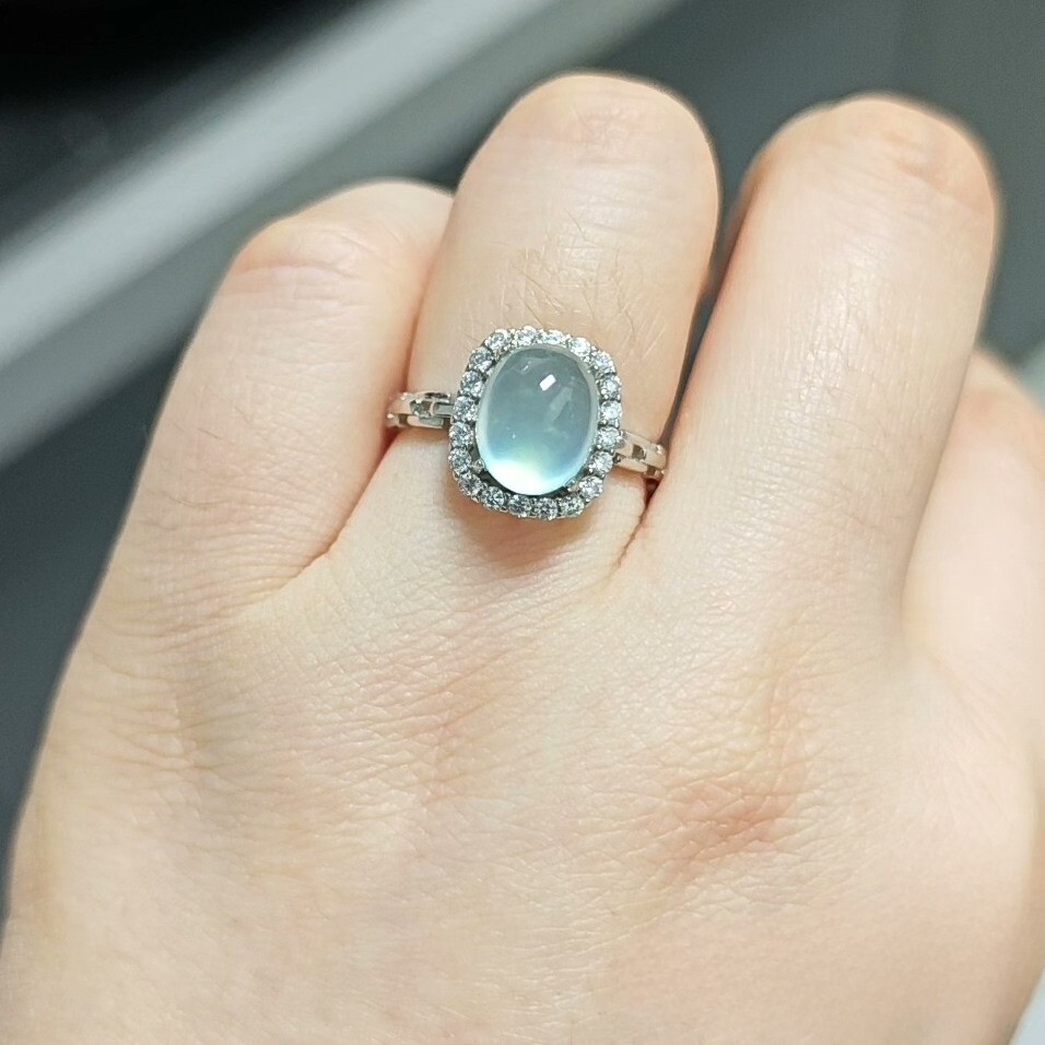 天然岫玉天青冻戒指925银围镶豪华椭圆蛋面冰蓝宝石开口戒指轻奢