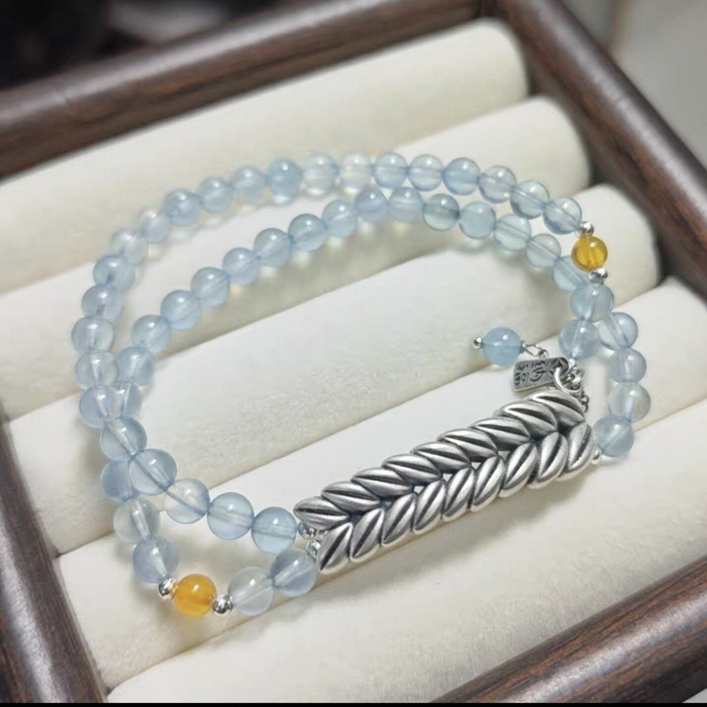 天然海蓝宝双圈手链麦穗足银