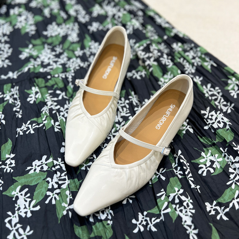 真皮单鞋2025春夏季新款牛皮浅口褶皱绑带中跟女单鞋方头玛丽珍鞋