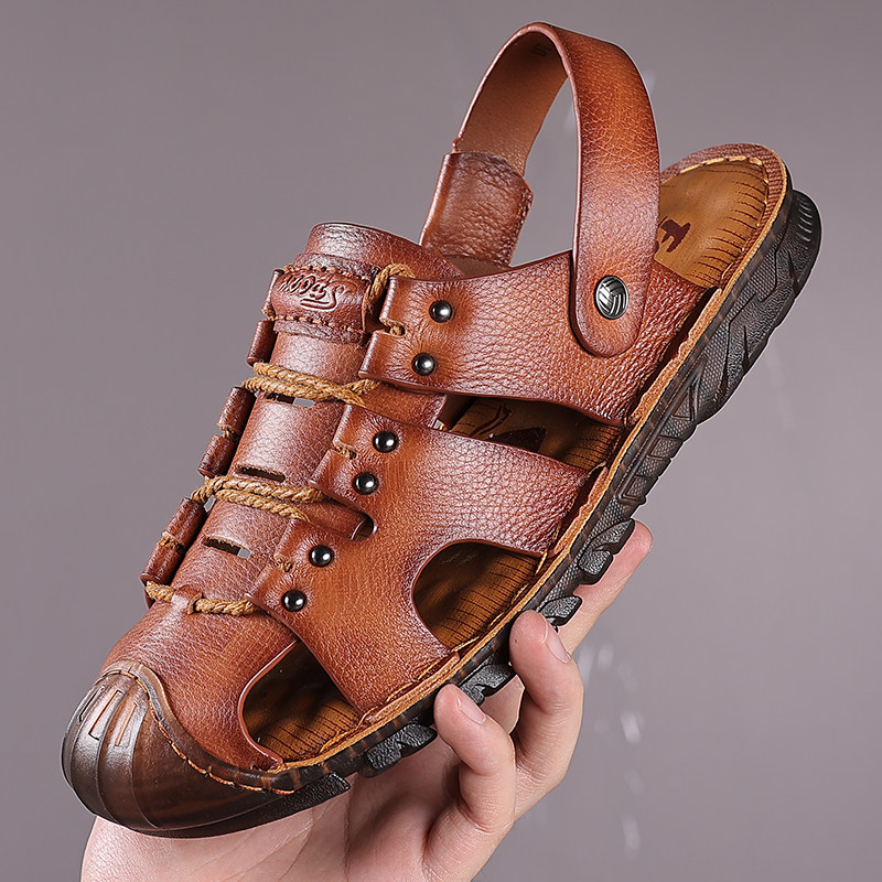 2022 NEW SUMMER LEATHER BEACH SHOES BREATHABLE BAOTOU MENS SANDALS UPPER LAYER COWHIDE COW TENDON SOLE NON-SLIP OUTDOOR