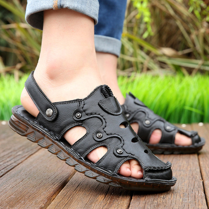 THE FIRST LAYER OF COWHIDE COW TENDON SOLE SANDALS MENS LEATHER CASUAL MIDDLE-AGED AND ELDERLY BAOTOU BEACH SHOES OUTDOOR LEATHER SANDALS NON-SLIP SUMMER