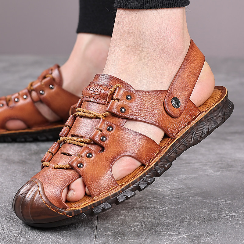 2022 NEW SUMMER LEATHER BEACH SHOES BREATHABLE BAOTOU MENS SANDALS UPPER LAYER COWHIDE COW TENDON SOLE NON-SLIP OUTDOOR