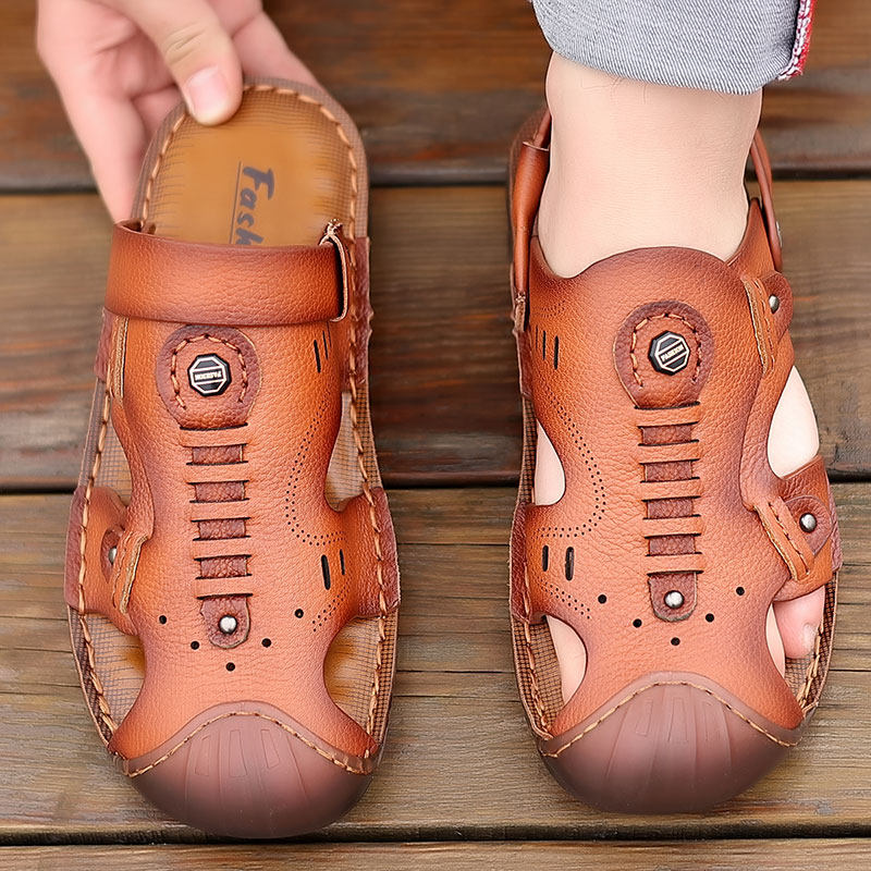 IN SUMMER THE COW TENDON BOTTOM TOE SANDALS MENS SOFT SOLES NON-SLIP BEACH SHOES LEATHER WEAR-RESISTANT DAD SHOES THE FIRST LAYER OF COWHIDE WEAR-RESISTANT