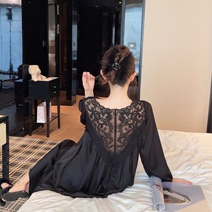 2026春夏季冰丝薄款睡裙长袖宽松蕾丝韩版松弛感睡衣女贵妇名媛风