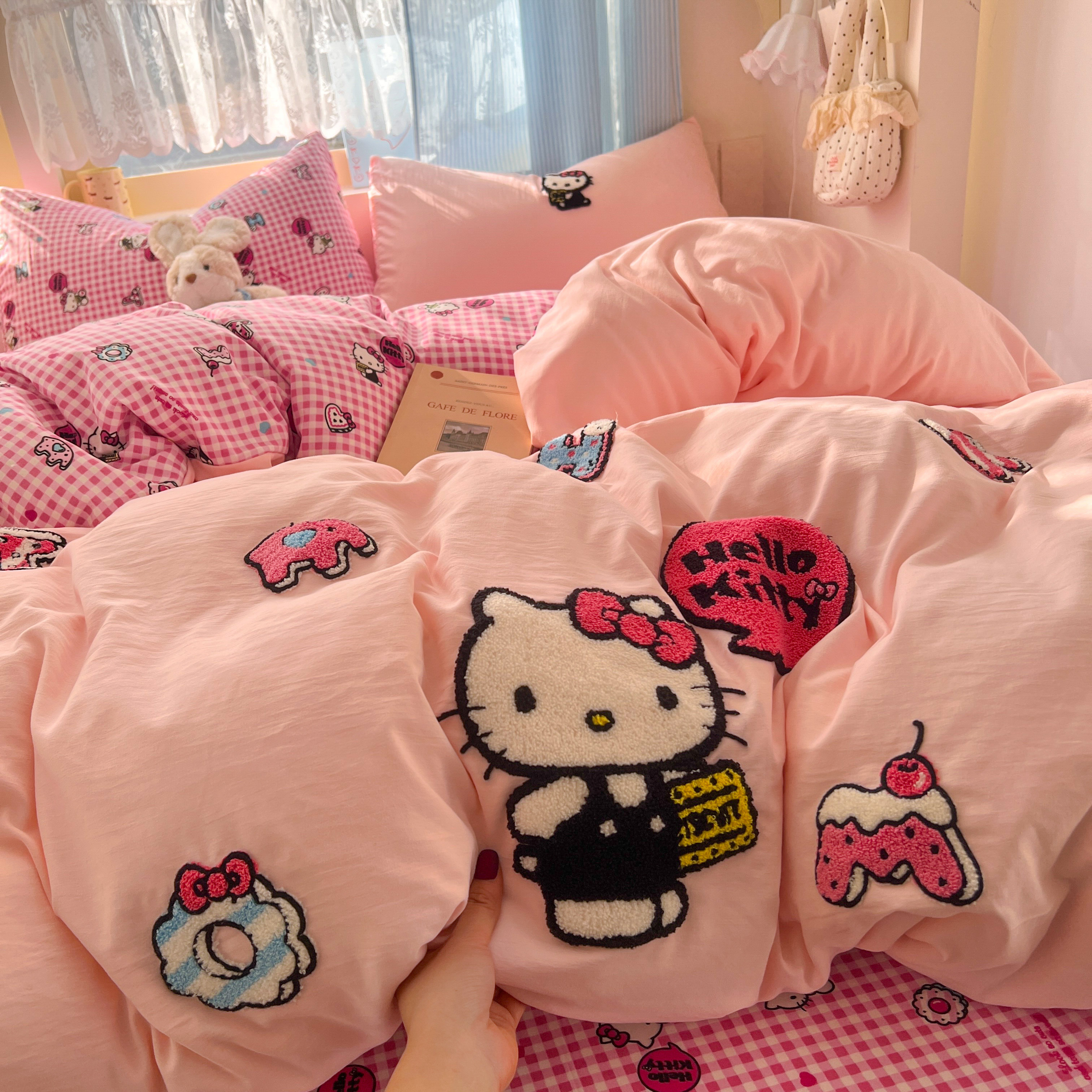 可爱风KT猫毛巾绣四件套女孩纯棉床品三件套儿童全棉床单被套床笠,床上用品,床品套件/四件套/多件套,淘宝优惠券,粉丝福利购,淘宝优惠卷