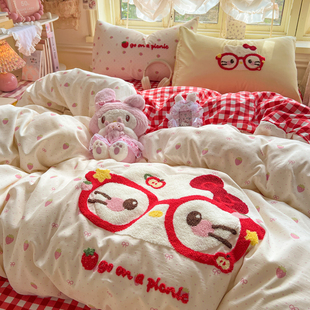 可爱猫咪全棉四件套床品卡通纯棉女孩儿童三件套床单被套床笠被罩