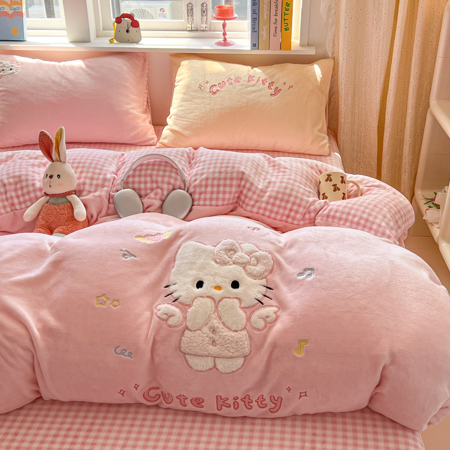 可爱牛奶绒KT猫四件套粉色少女心毛绒床品珊瑚绒床单被套三件套,床上用品,床品套件/四件套/多件套,淘宝优惠券,粉丝福利购,淘宝优惠卷