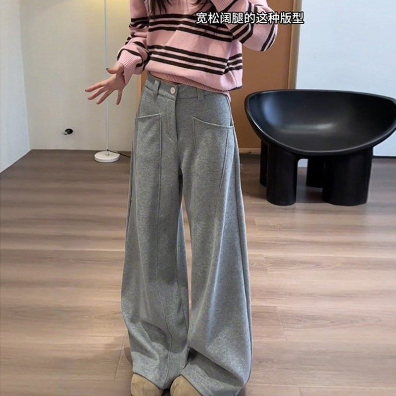 灰色休闲阔腿裤女大码春季2026新款胖妹妹mm宽松显瘦直筒运动卫裤