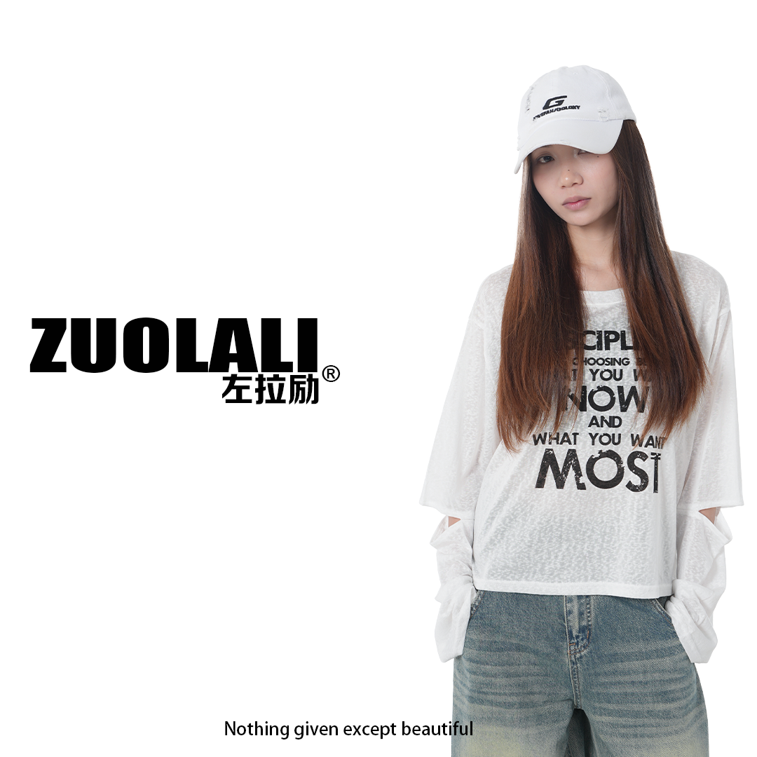 ZUOLALI/左拉励【漏风】夏季韩系百搭字母印花设计-长袖上衣