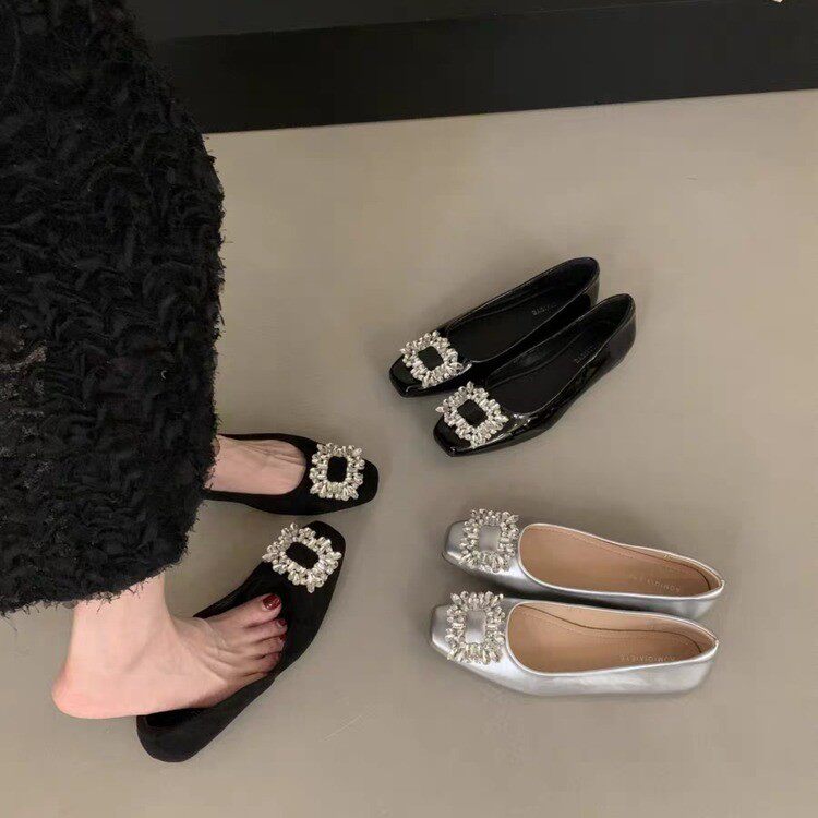 平底银色高级感方头水钻单鞋女2026年新款春季黑色通勤工作豆豆鞋