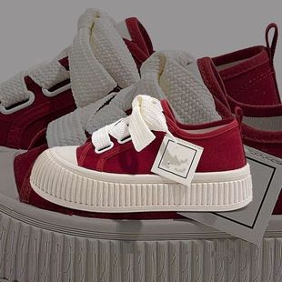 百搭厚底休闲运动板鞋 红色帆布鞋 饼干大头小众女鞋 春夏季 2026新款