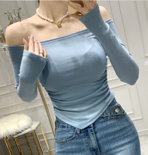 韩国代购u-inme春秋纯色一字露肩长袖T恤女抽褶显瘦紧身打底上衣