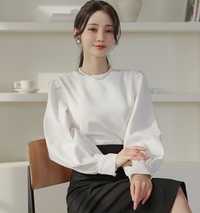 韩国代购 气质OL衬衣春秋上衣 ode轻熟女衬衫 白色纯色圆领套头长袖
