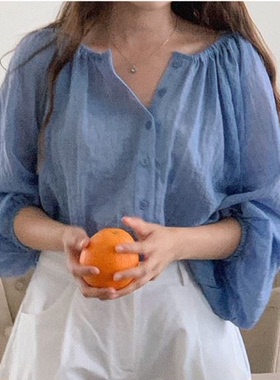 韩国代购heylady夏季褶皱薄款长袖衬衫女圆领宽松灯笼袖防晒衬衣