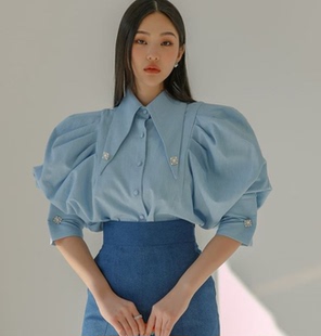 韩国代购dint韩剧黑暗荣耀朴妍珍同款衬衫女法式尖领灯笼袖衬衣