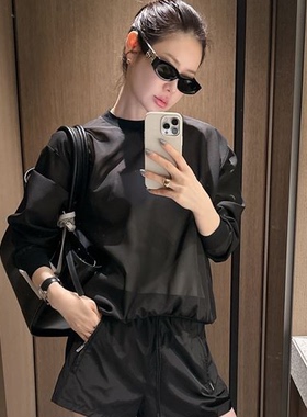 韩国代购partysu黑白色圆领套头上衣女薄透视衫宽松衬衣长袖罩衫