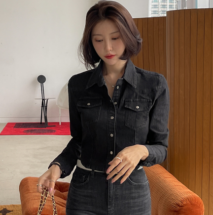 韩国代购DABA2023秋新款修身短款牛仔衬衫长袖女装短上衣外套百搭