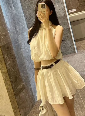 韩国代购secondesecon无袖衬衫挂脖上衣套装甜美半身短裙两件套女