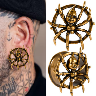 新款复古暗黑金色蜘蛛空心一体耳廓创意个性铜耳扩大耳洞扩耳耳环