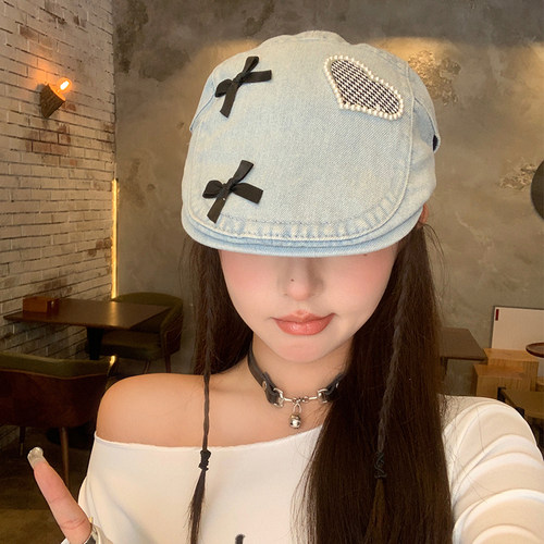 蝴蝶结水洗牛仔做旧复古前进帽女款休闲日系个性百搭鸭嘴贝雷帽子