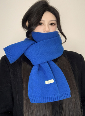 蓝色系高级感100%纯羊毛围巾女冬保暖针织百搭毛线围脖学生情侣男
